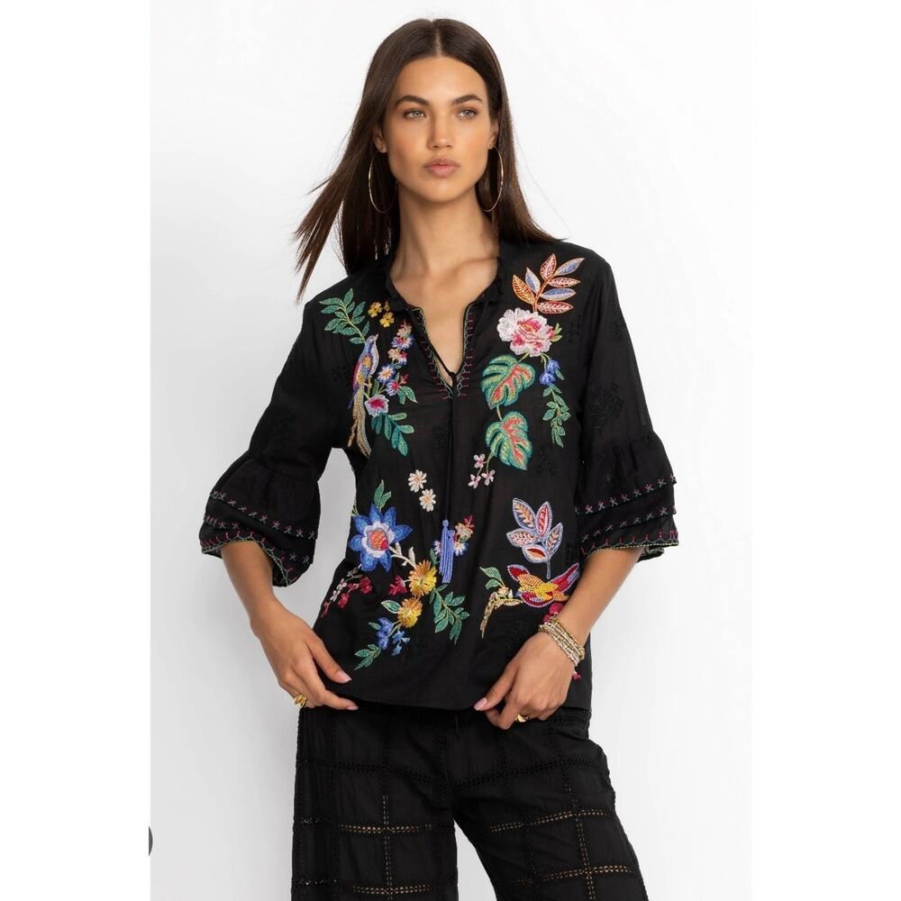 Johnny Was Workshop Ruffle Sleeve Black Floral Cotton Top Small